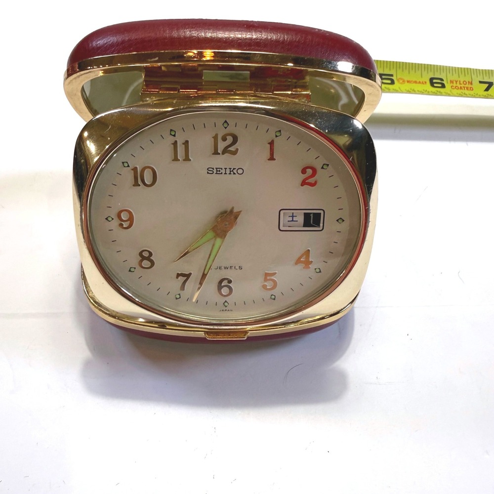 Vintage Seiko Travel Alarm Clock 2 Jewels Day Date Burgundy Gold Case 228 INT